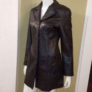 WINLIT Black Leather Coat Long Jacket Trench S